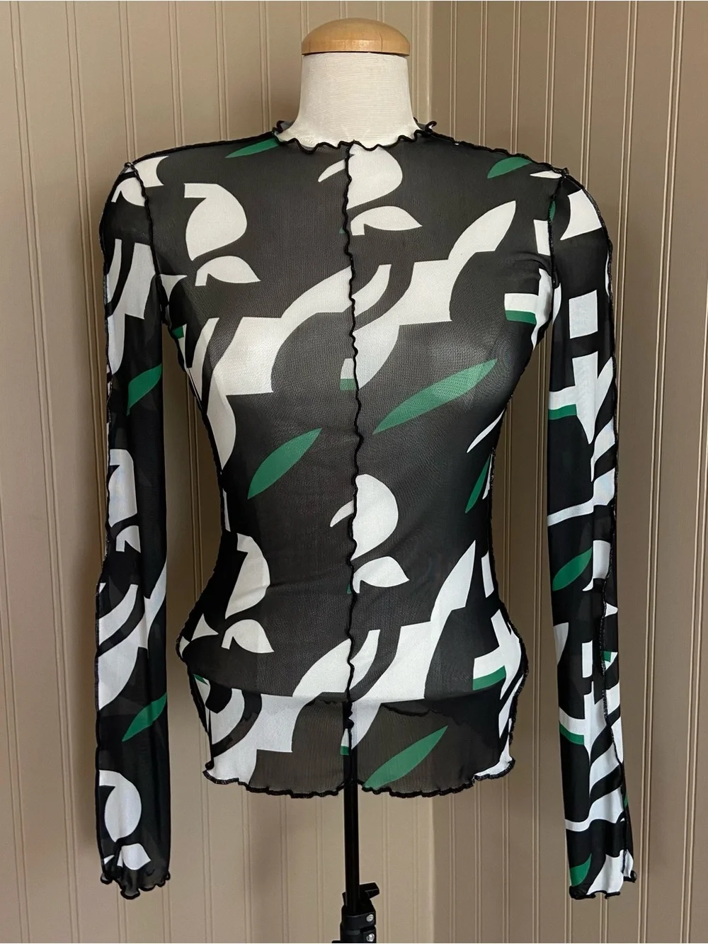 Monki Abstract Print Mesh Long Sleeve Shirt Women’s Size XS-S - Picture 2 of 10